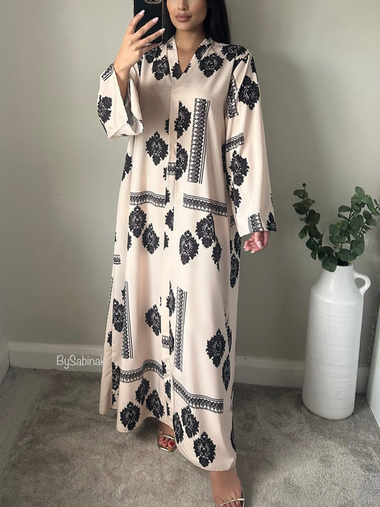 Black Ivory Pattern Kaftan Abaya