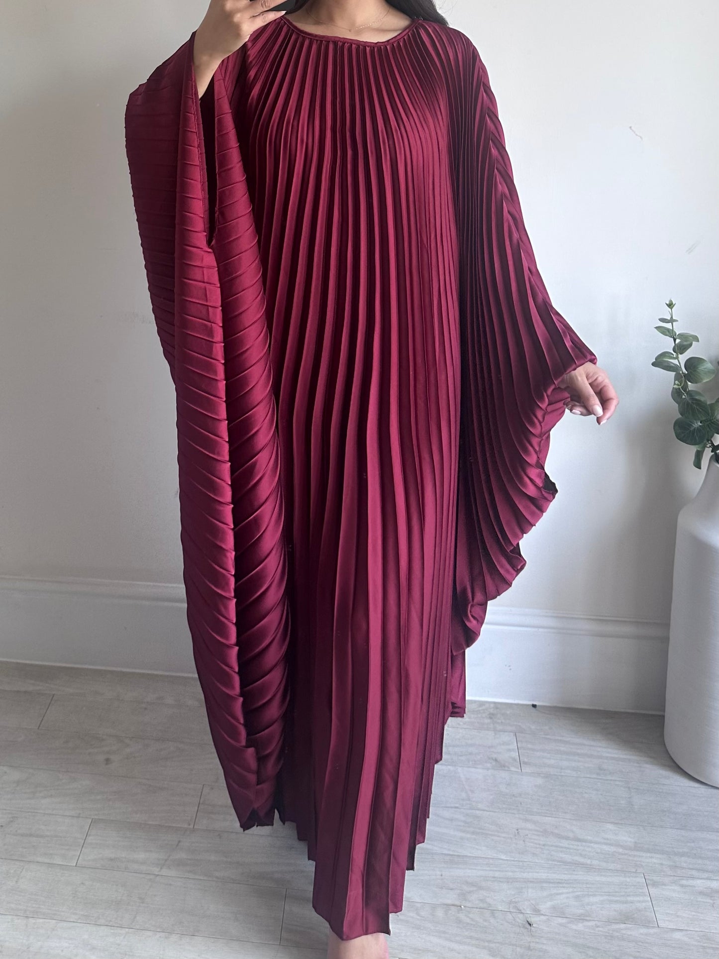 Wine Red Pleated Satin Kaftan Dress