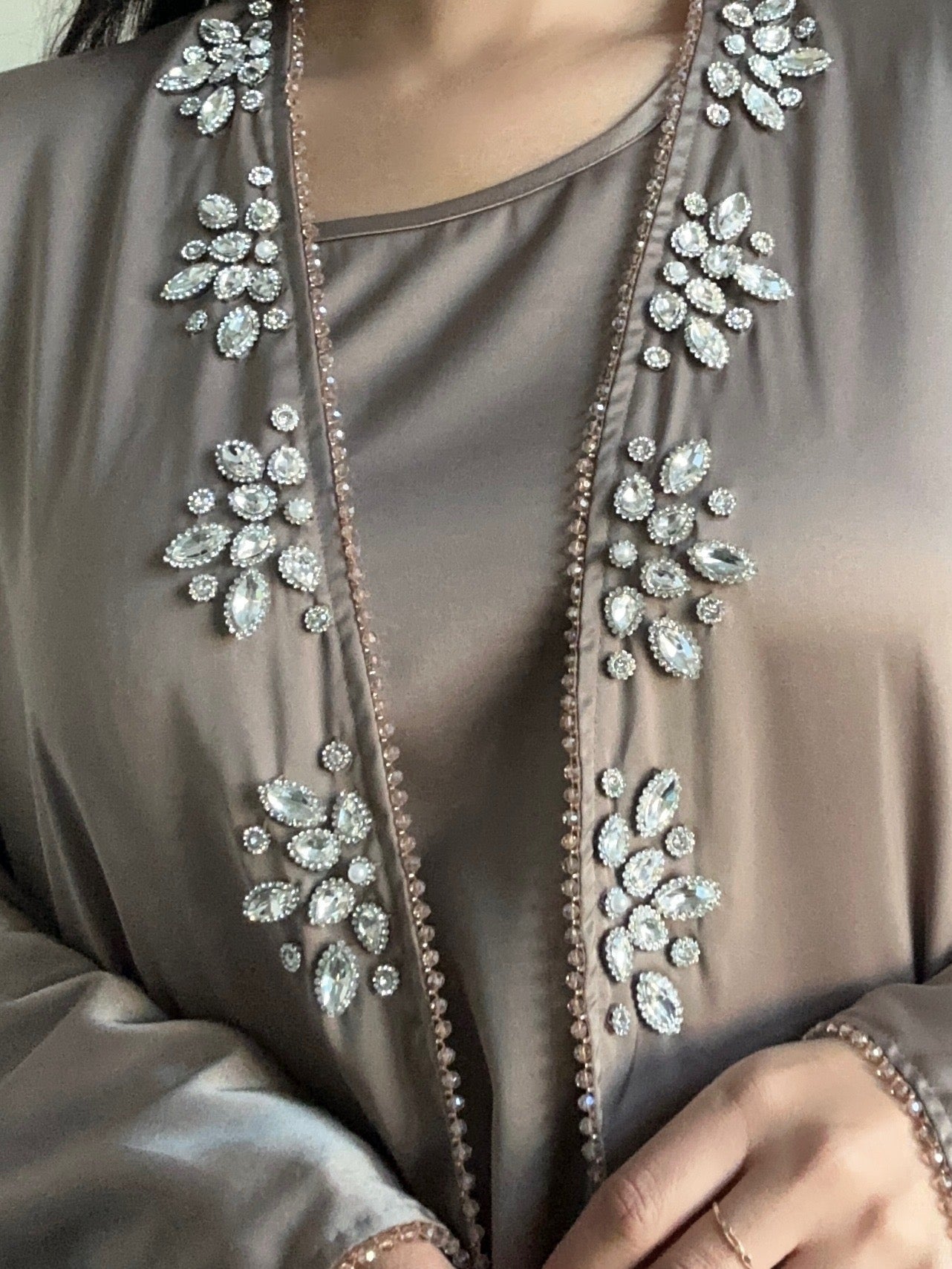 Mocha Satin Rhinestone Beaded Abaya Set