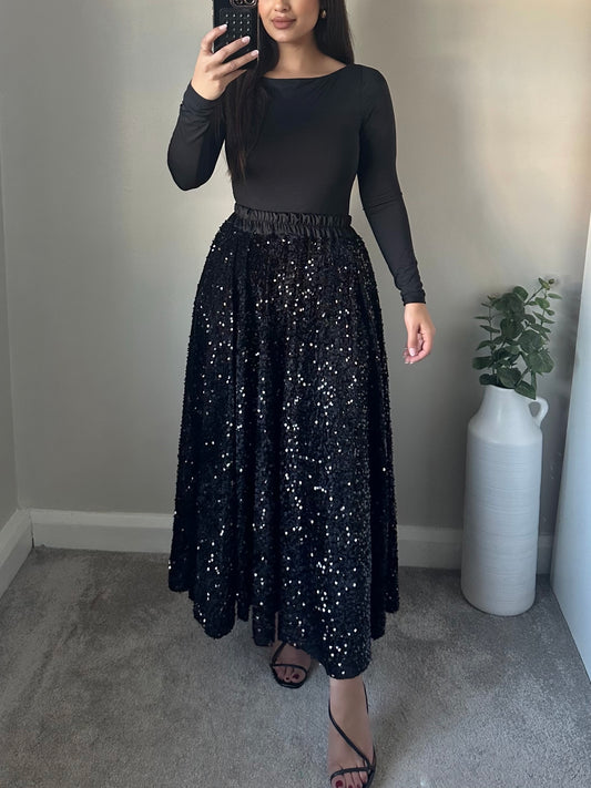 Black Sequin Velvet Full Maxi Skirt