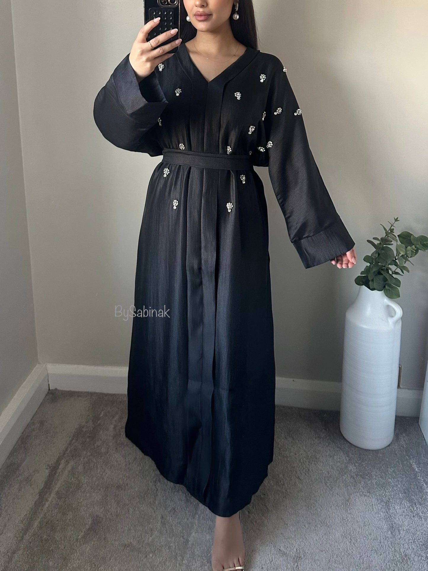 Black Rhinestone Belted Kaftan Dress Abaya