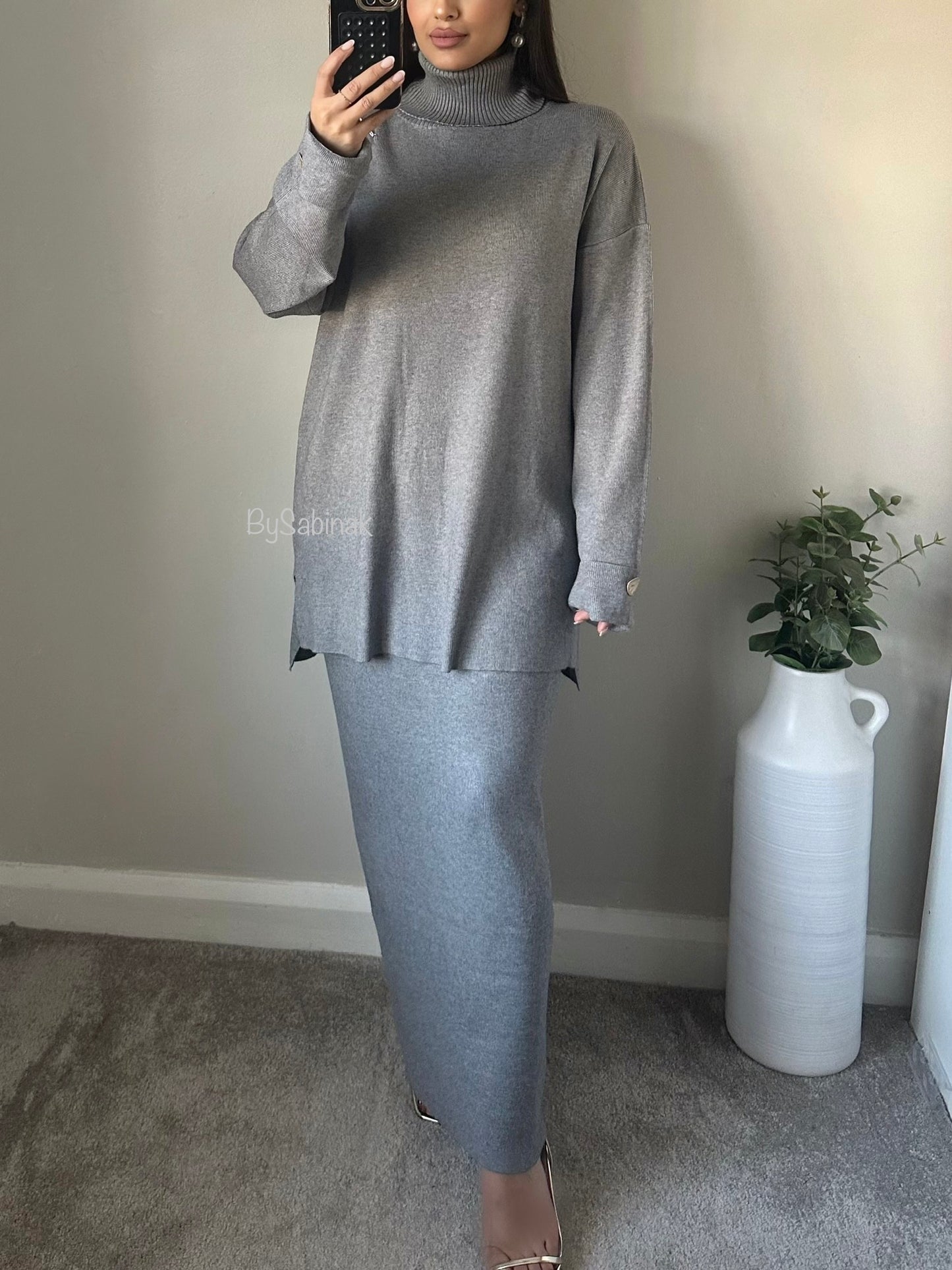 Grey Knit Skirt Gold Button Co-ord