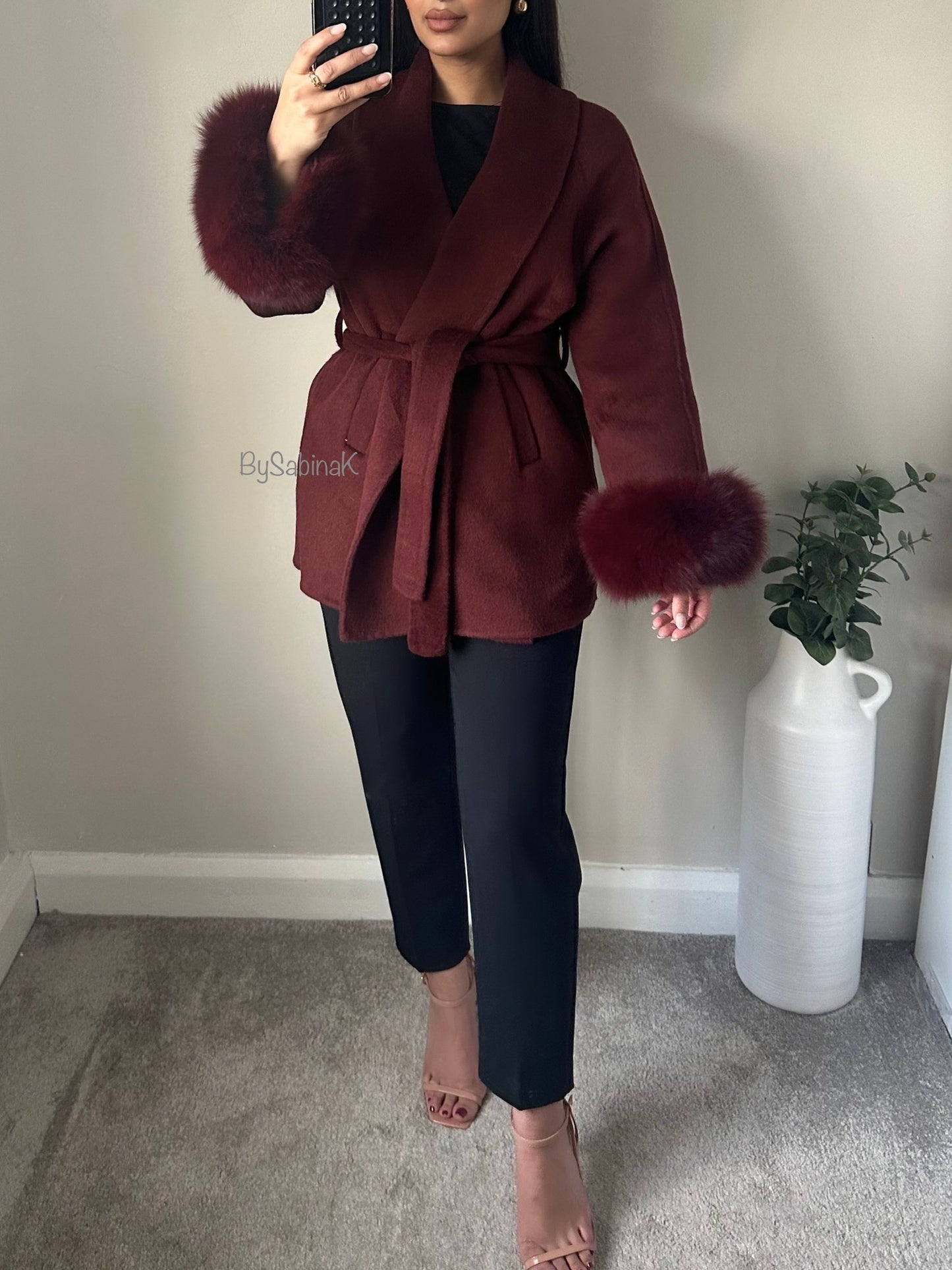 Burgundy 100% Wool Fur Short Coat