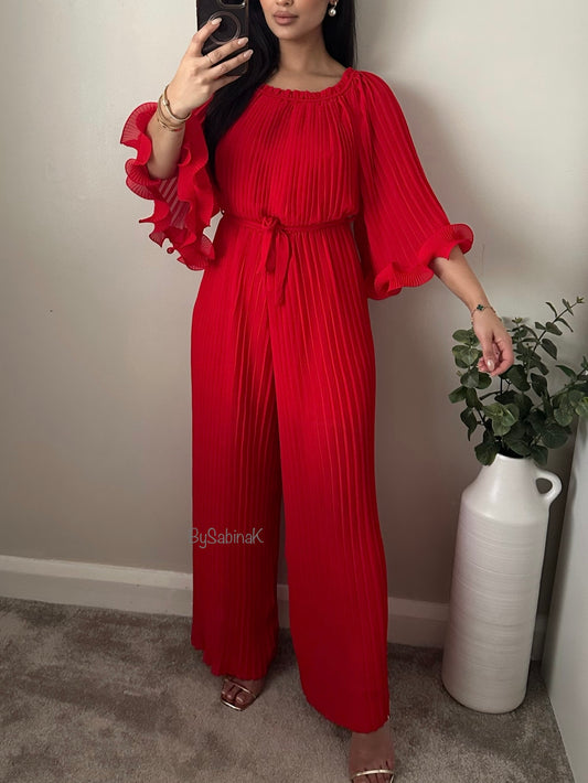 Red Pleated Chiffon Jumpsuit