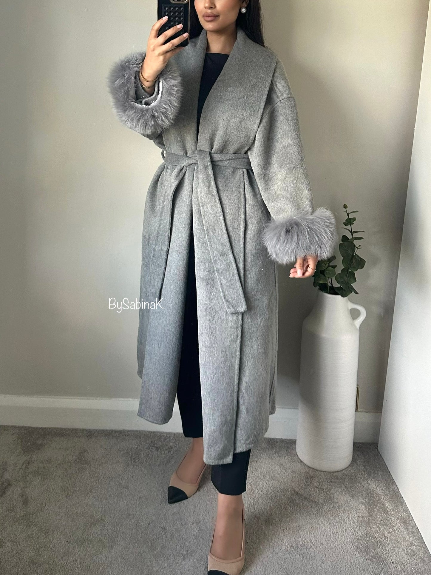 Grey 100% Wool Fur Long Coat