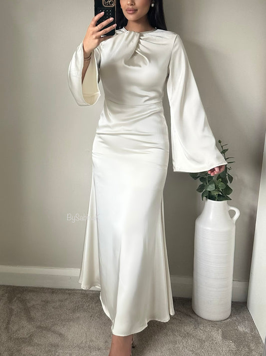 Ivory Satin Twist Neck Dress