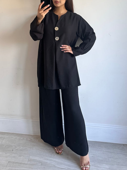 Black Linen Gold Button Co-ord Set