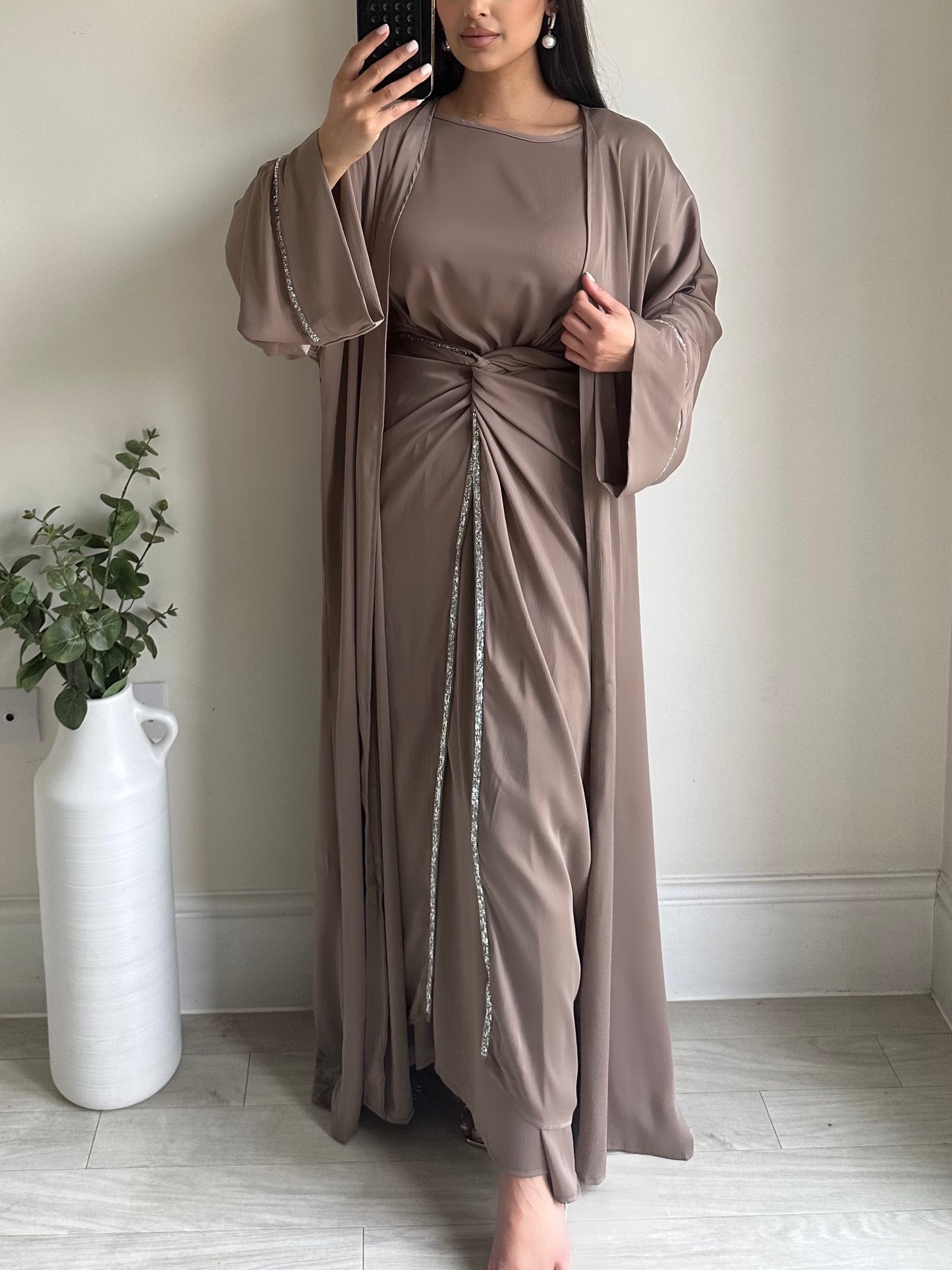 Mocha Satin Wrap Dress Kimono Set