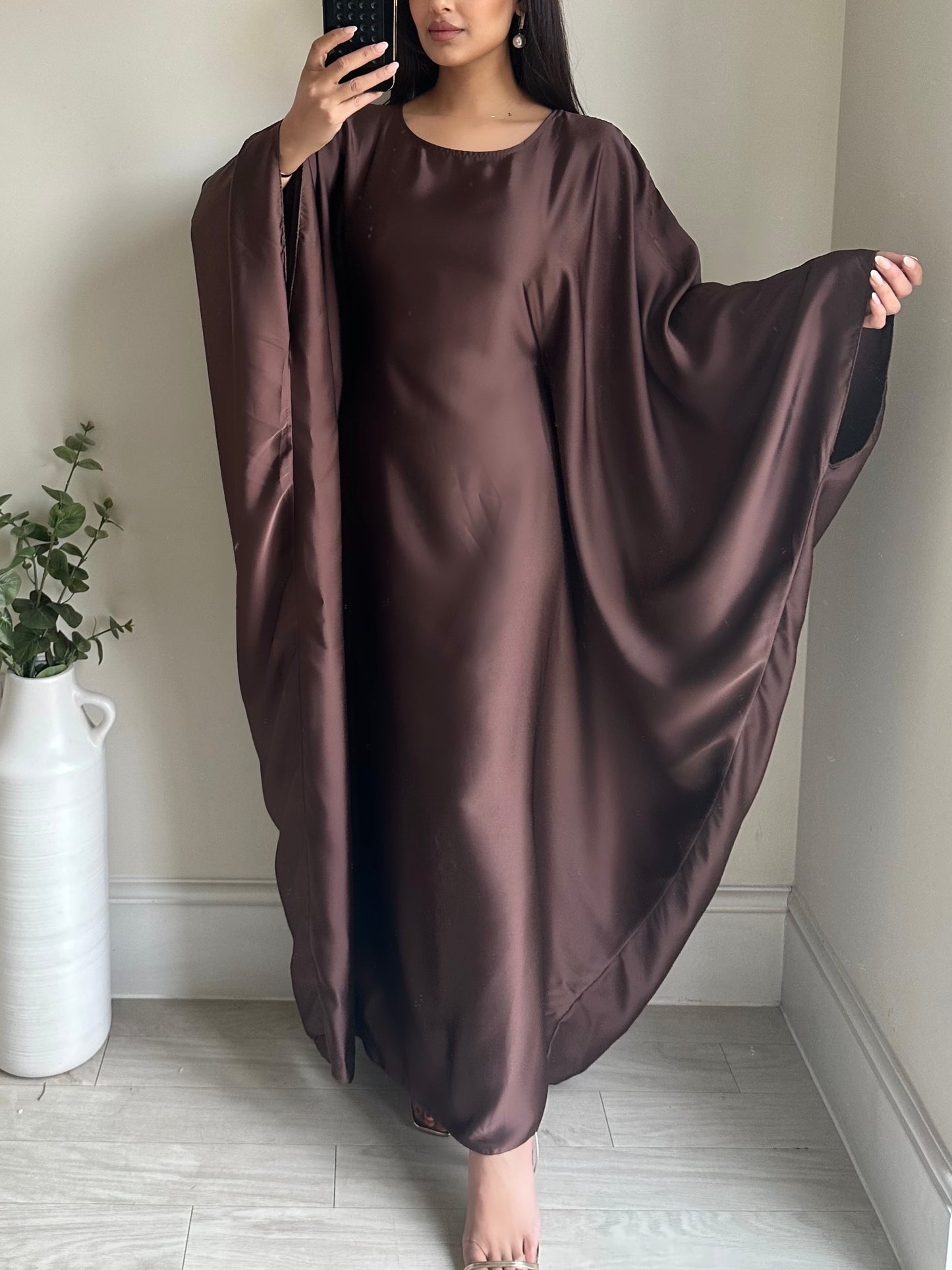 Brown Butterfly Satin Kaftan Abaya