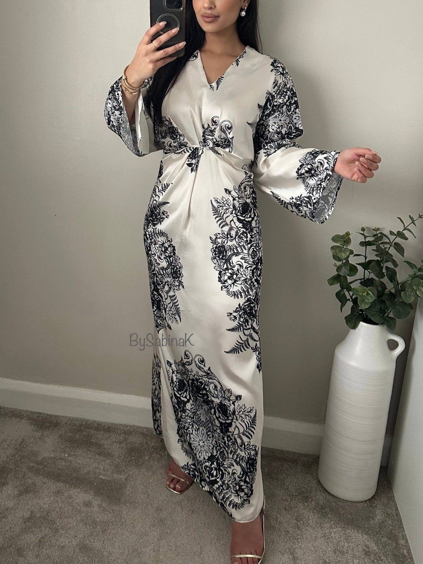 Black White Floral Batwing Satin Dress