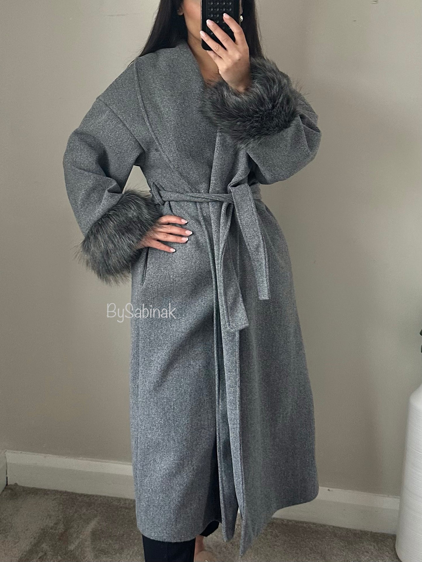 Grey Faux Fur Sleeve Long Wrap Coat