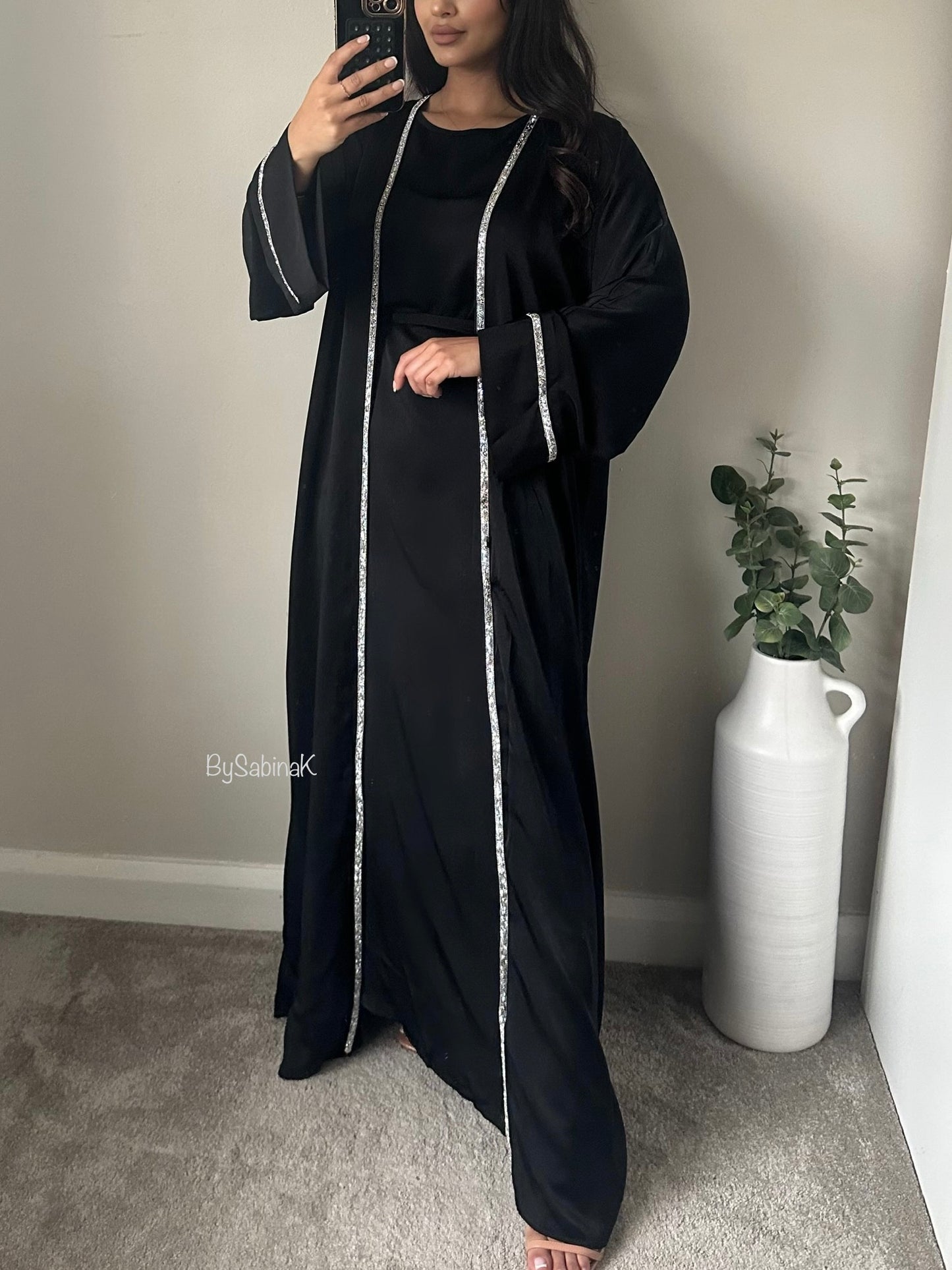 Black Silver Satin Crystal Trim Abaya Set