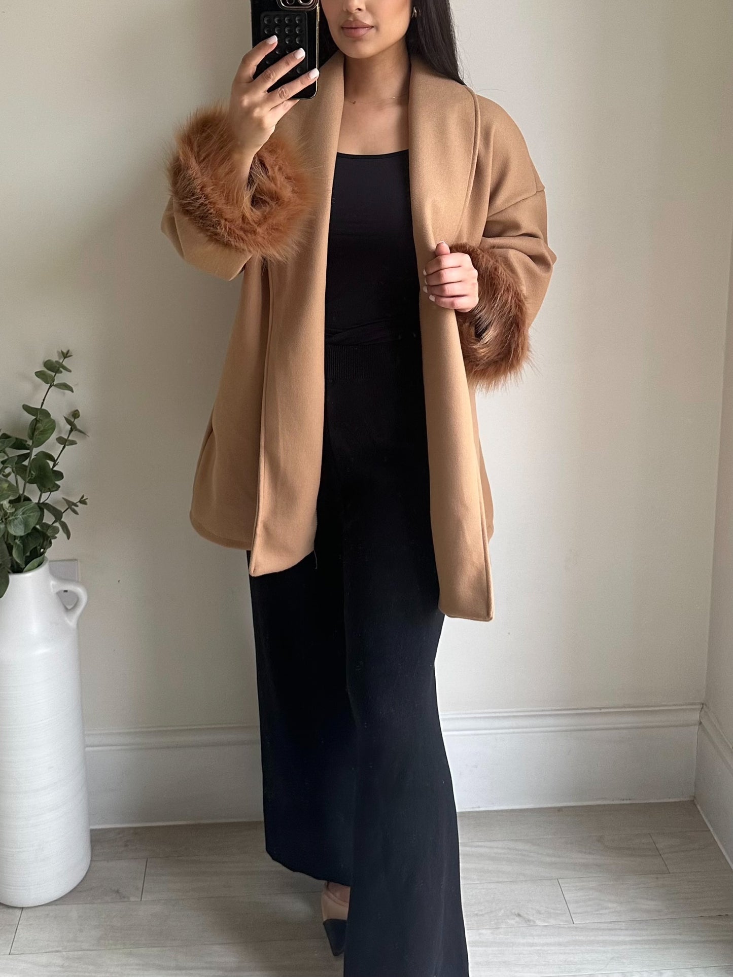 Camel Brown Faux Fur Belted Wrap Coat