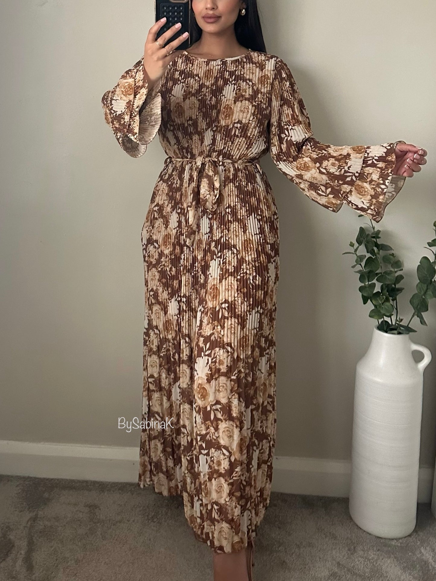 Brown Floral Pleated Dress