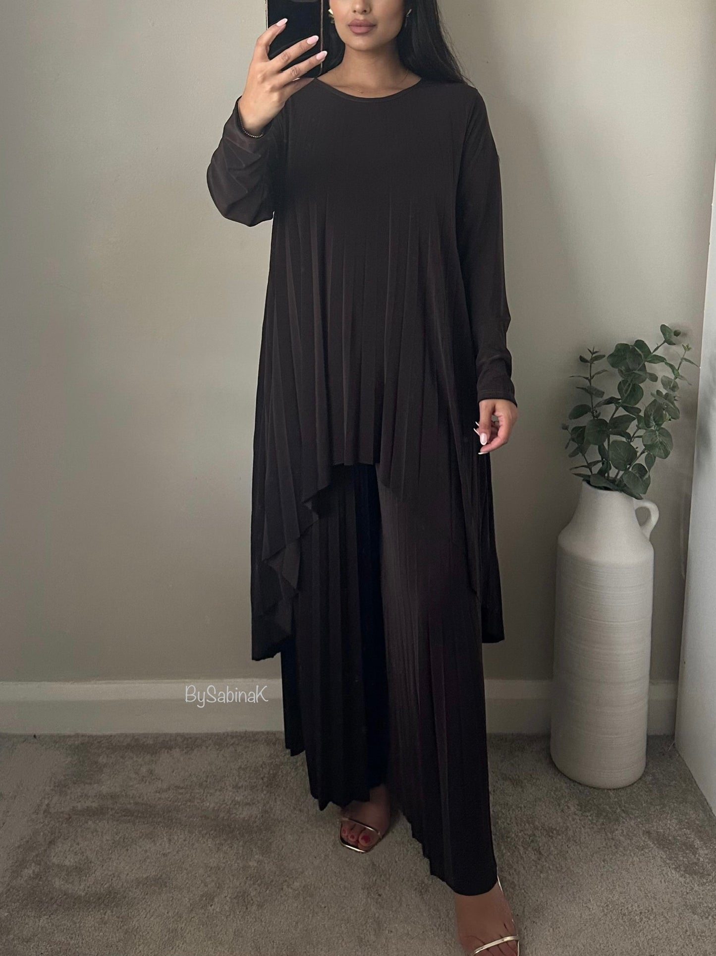 Brown Wide Pleated Co-ord Set