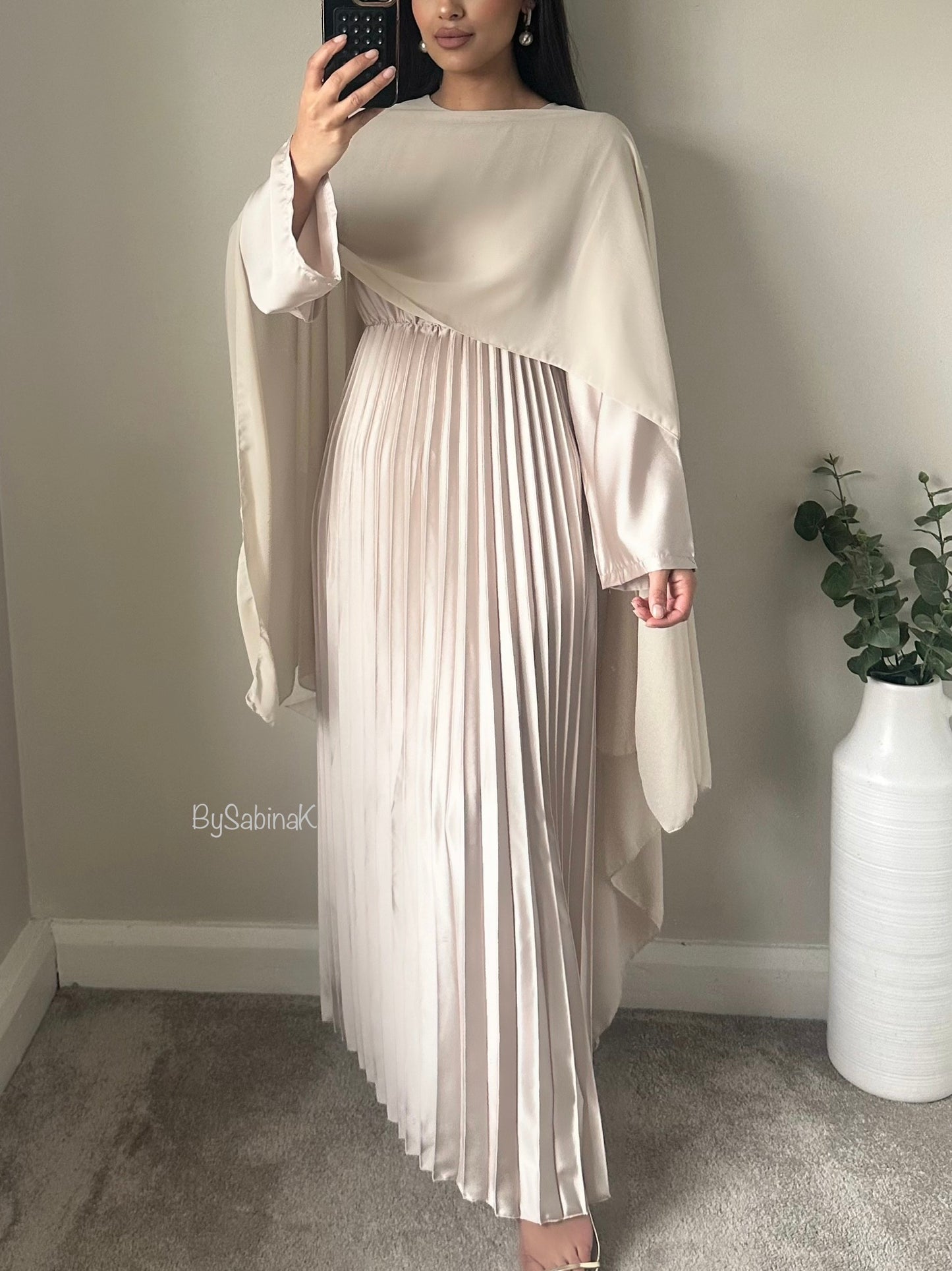 Ivory Satin Pleated Chiffon Cape Dress