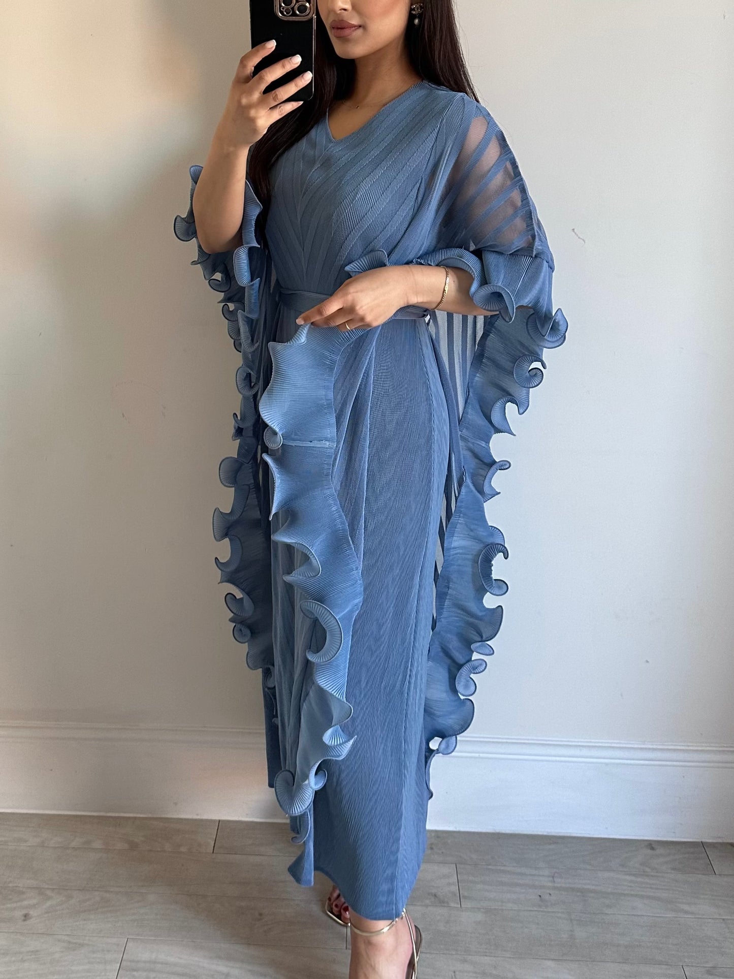 Black Ruffle Belted Pleated Kaftan Dress