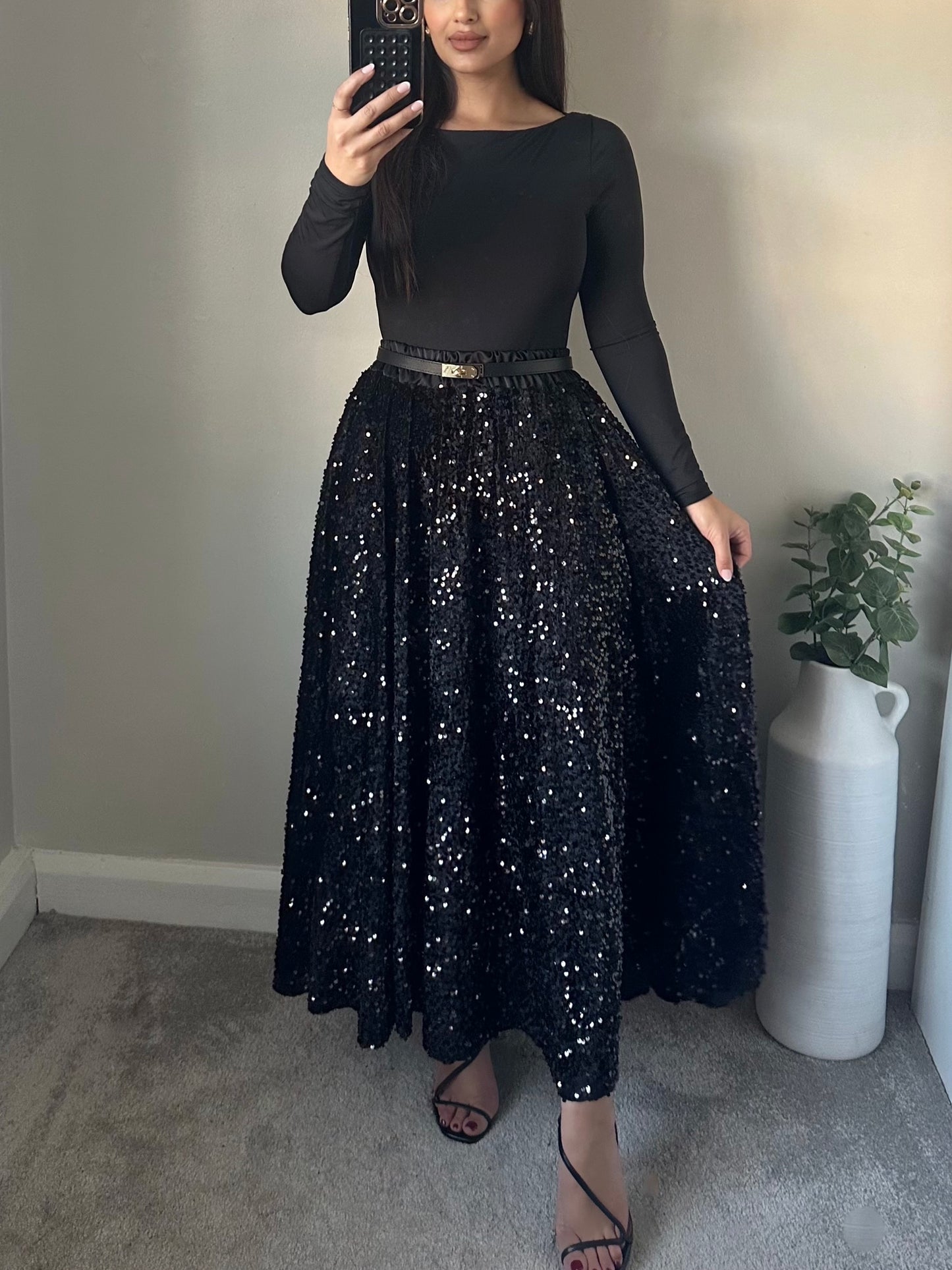 Black Sequin Velvet Full Maxi Skirt