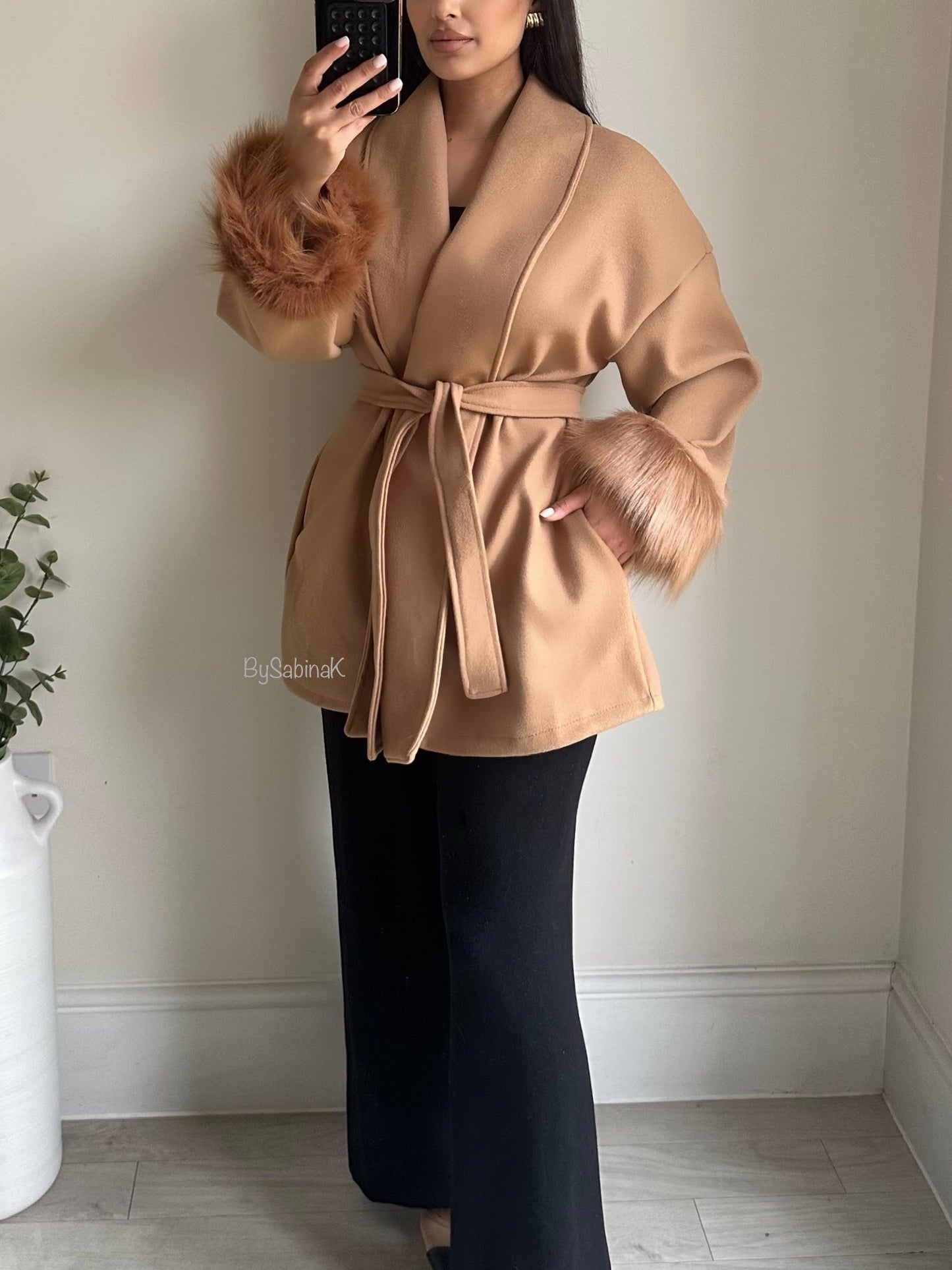 Camel Brown Faux Fur Belted Wrap Coat