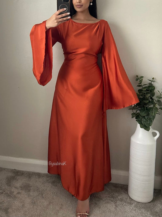 Orange Satin Flared Sleeve Dress