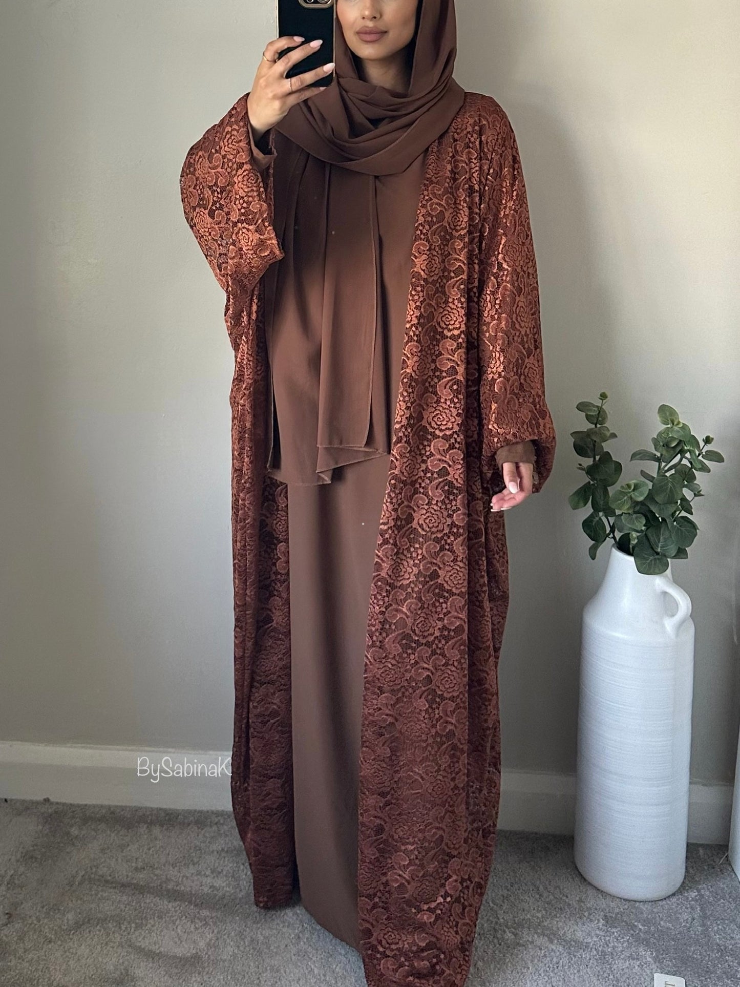 Brown Lace Abaya Set