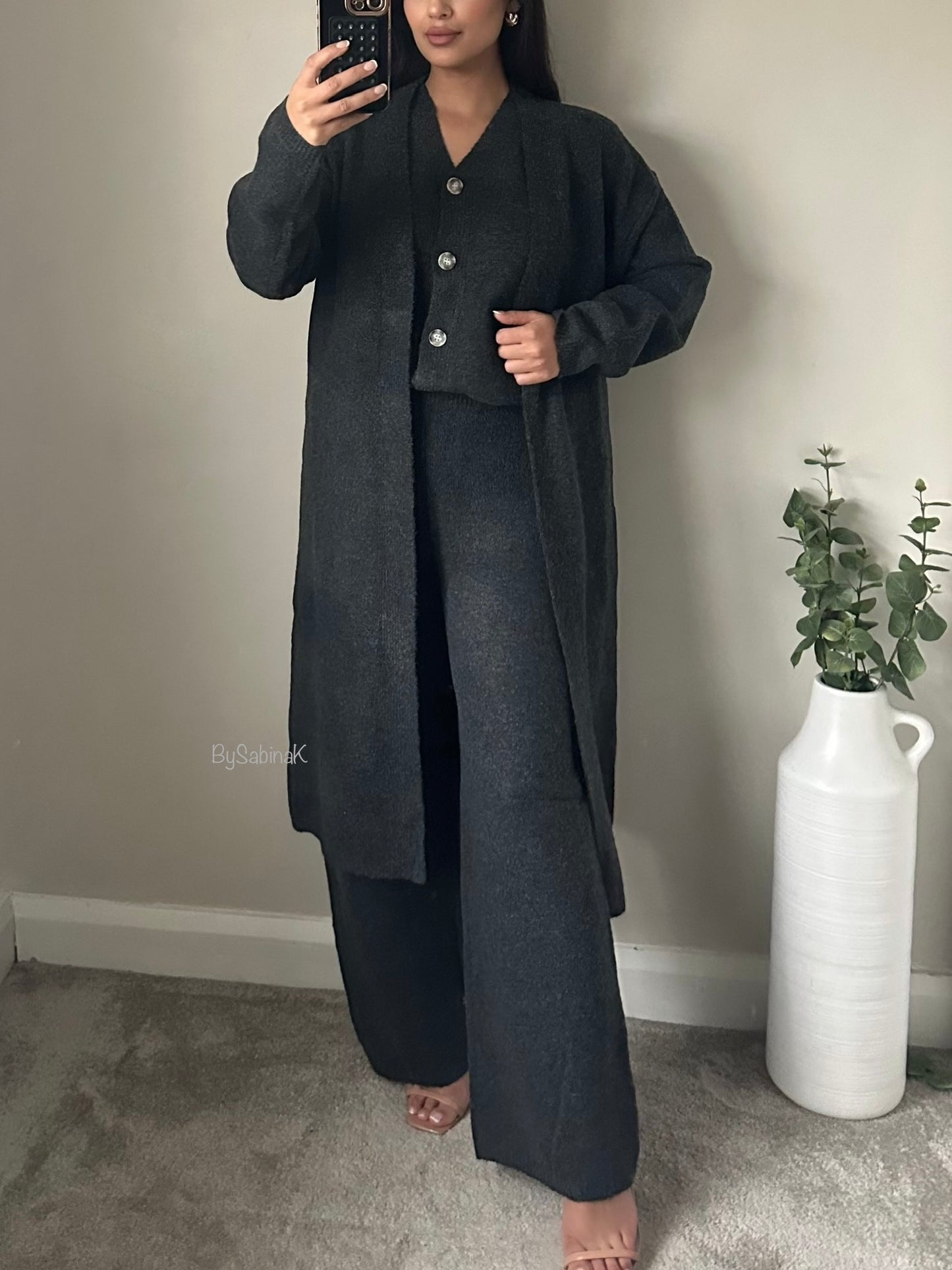 Dark Grey Three Piece Button Knitted Set