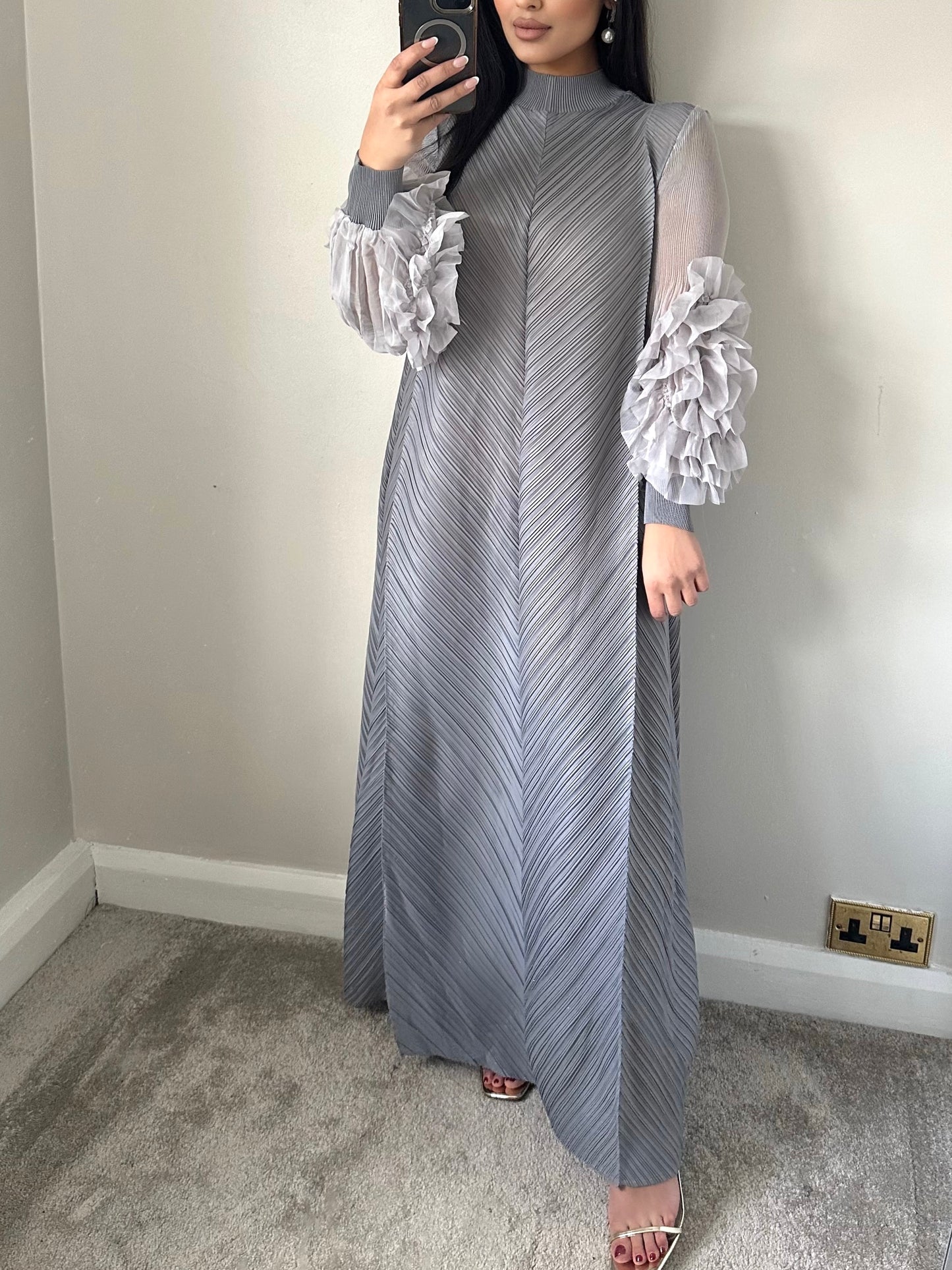 Grey Flower Accent Pleated Dress