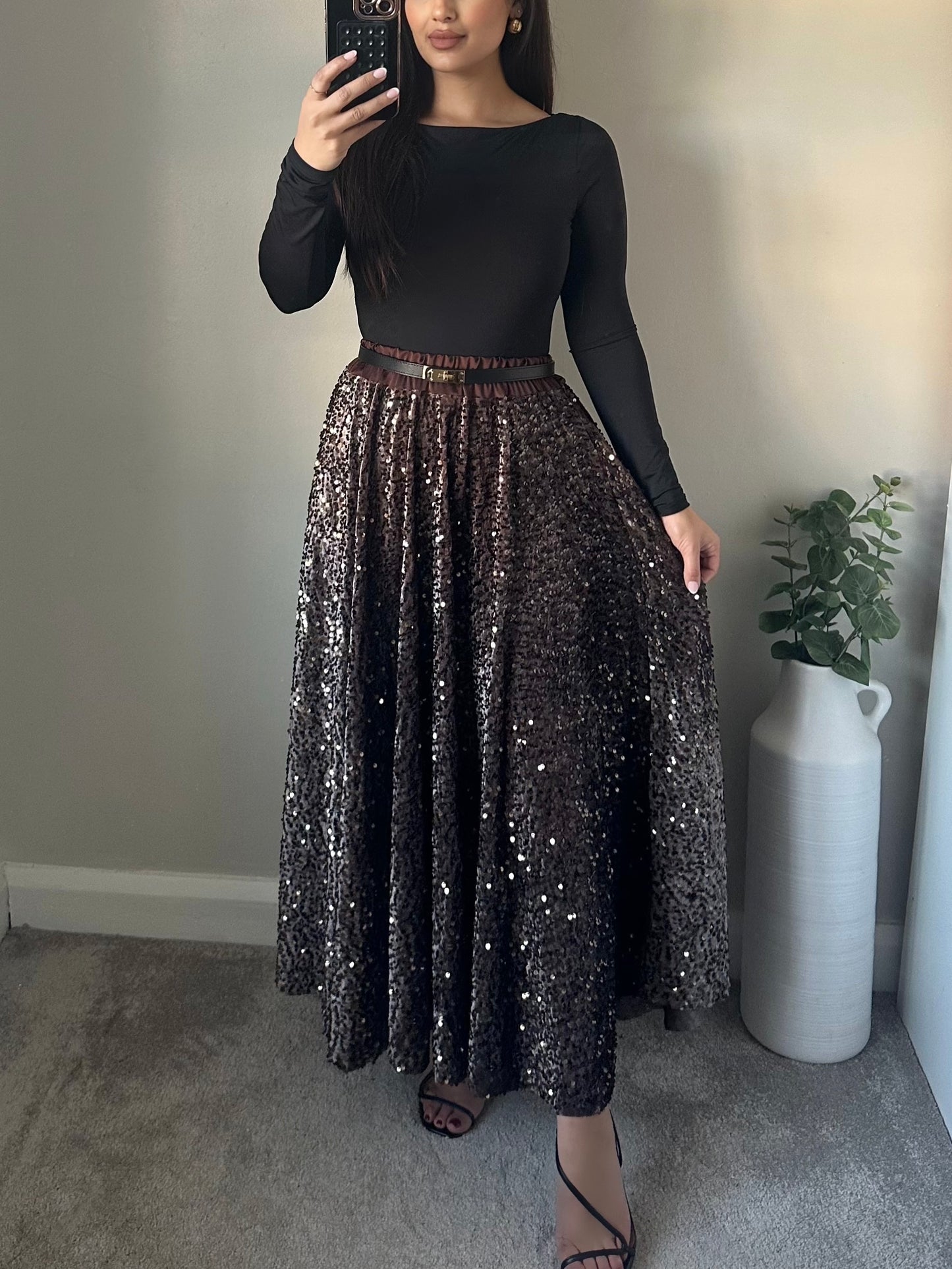 Brown Sequin Velvet Full Maxi Skirt