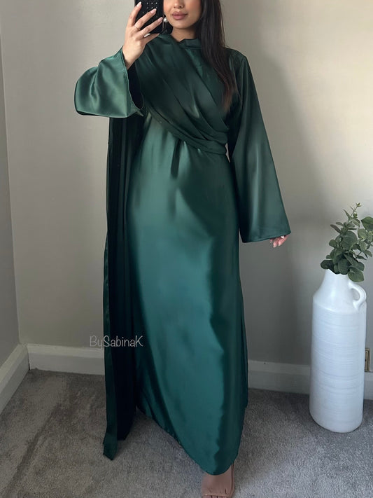 Green Satin One Shoulder Scarf Maxi Dress