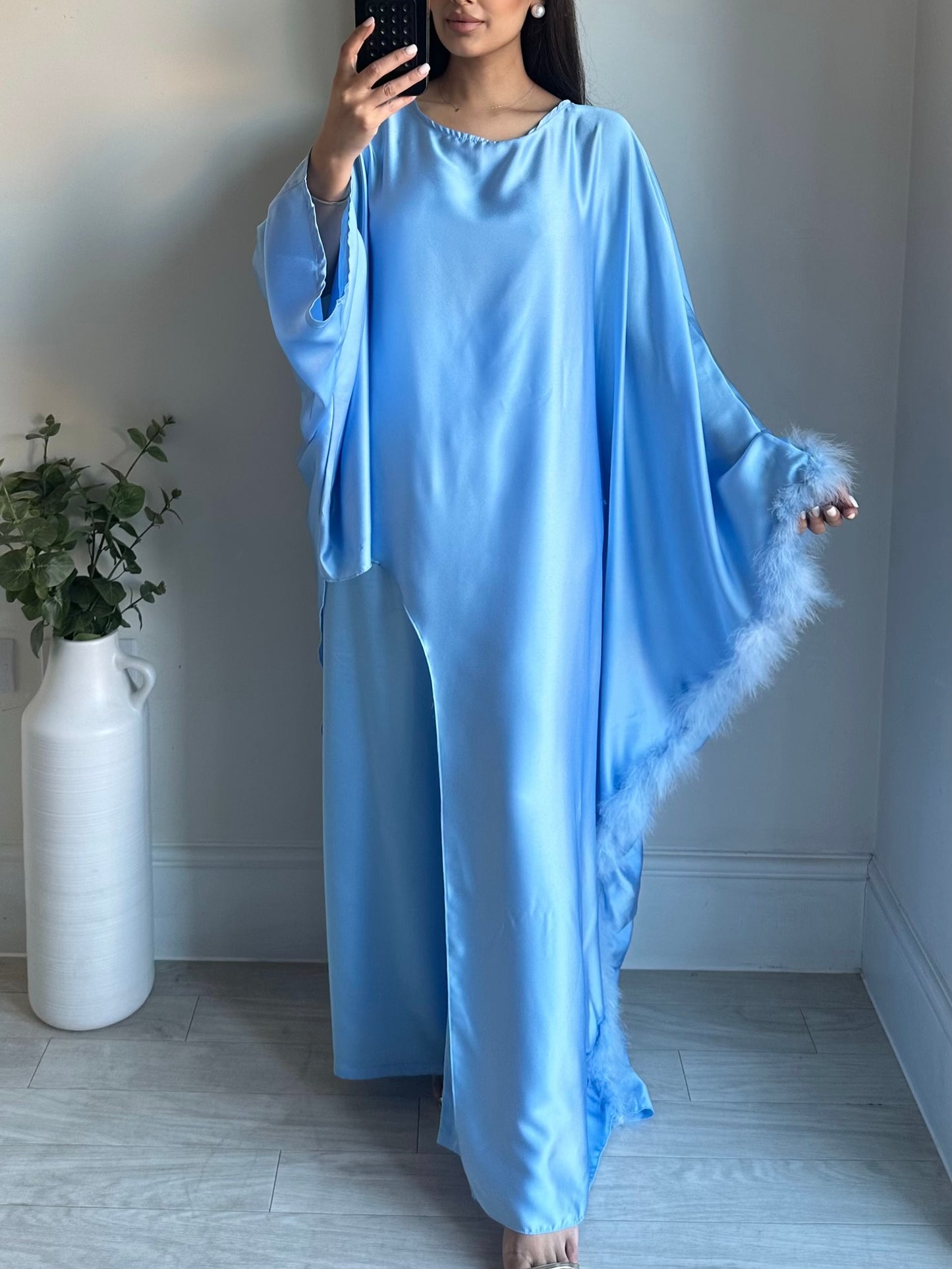 Blue Feather Trimmed Trousers Co-ord
