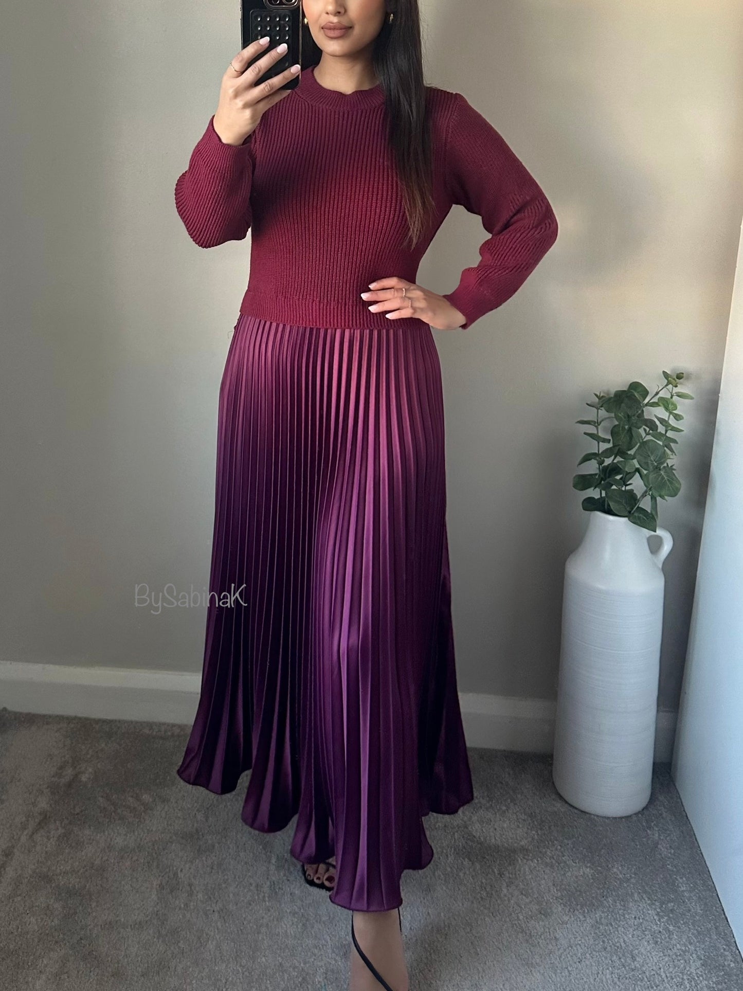 Wine Red Jumper Satin Pleated Dress