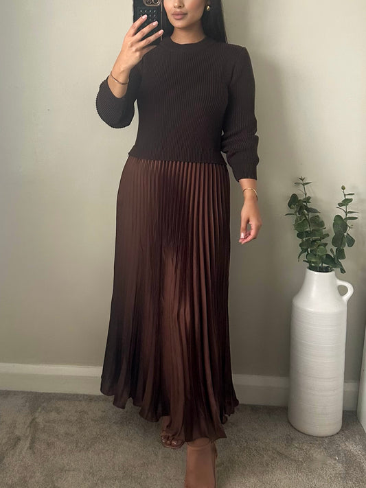 Brown Jumper Satin Pleated Dress