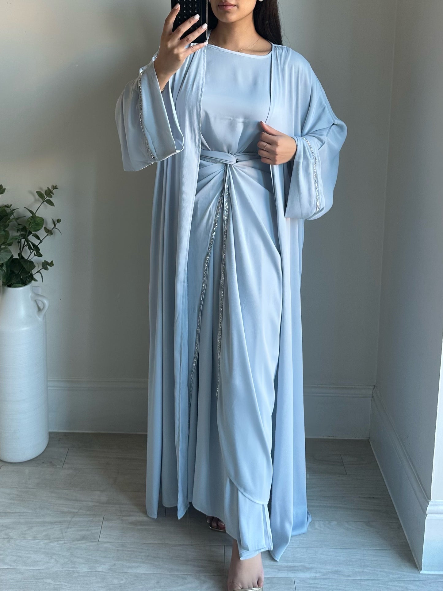 Blue Satin Wrap Dress Kimono Set