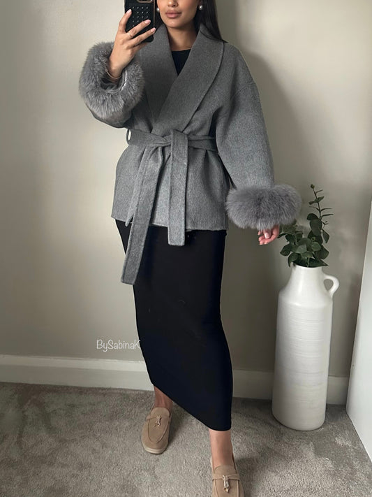 Grey 100% Wool Fur Short Coat