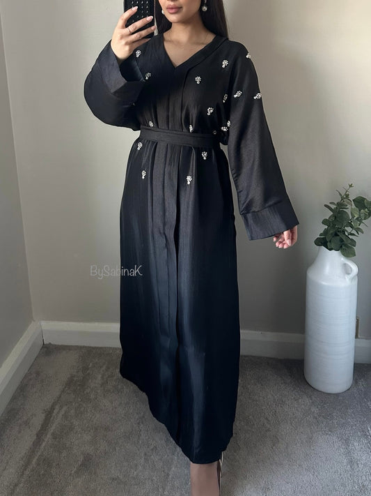 Black Rhinestone Belted Kaftan Dress Abaya