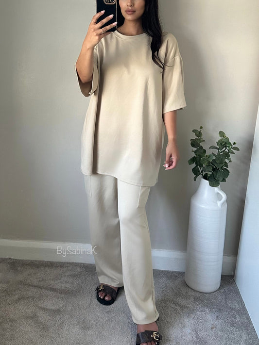 Beige Casual Oversized Tshirt Joggers Co-ord