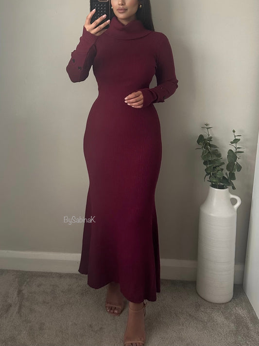 Burgundy High Neck Flare Knit Dress