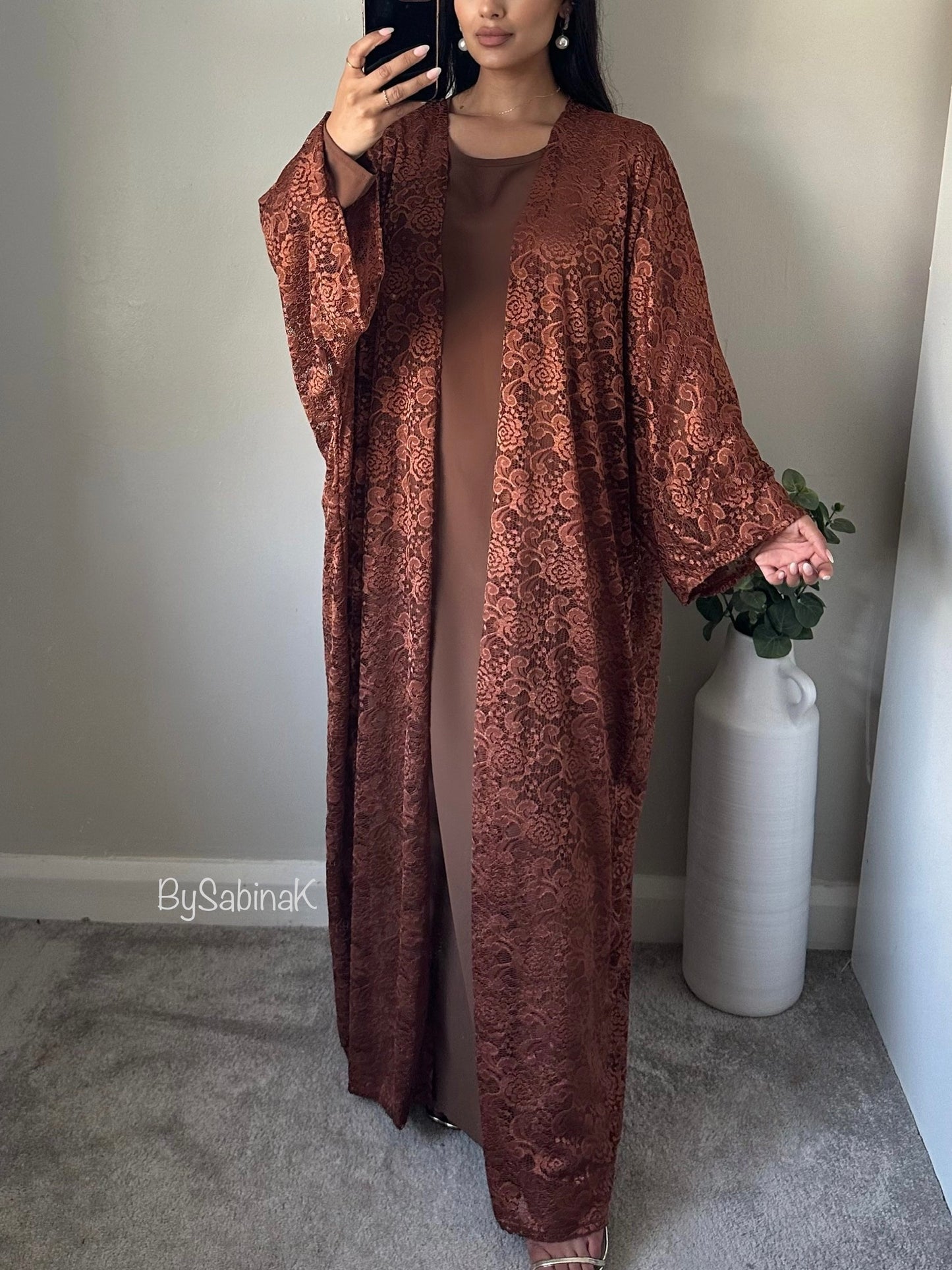 Brown Lace Abaya Set