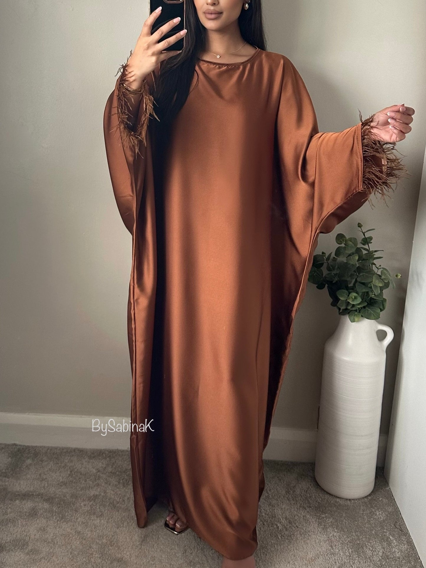 Camel Brown Feather Trimmed Abaya FA