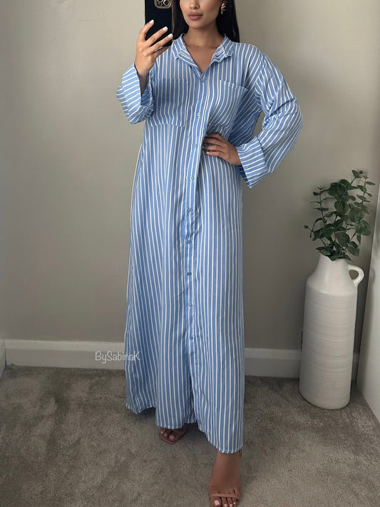 Blue Striped Cotton Maxi Oversized Shirt