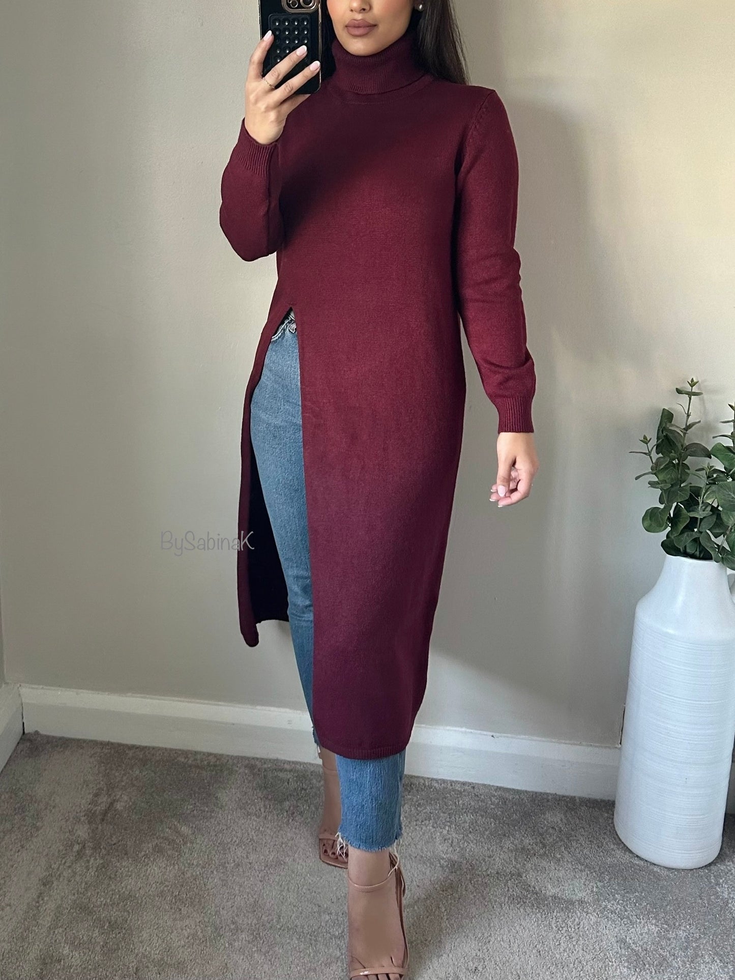 Burgundy Split Long Jumper Dress