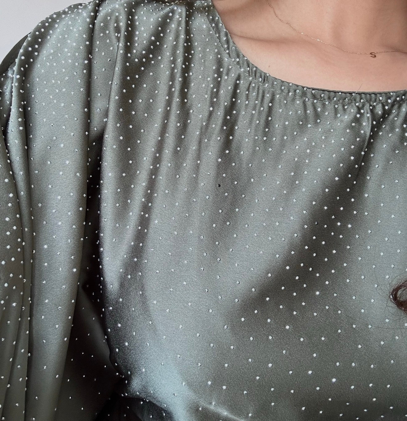 Khaki Green Satin Rhinestone Butterfly Kaftan