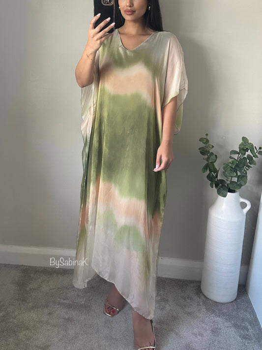 Green Tye Dye Chiffon Silk Kaftan Dress