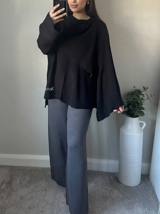 Black Thick Knit Cape Scarf Jacket