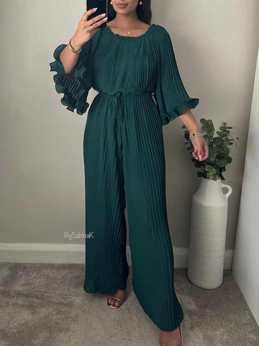 Dark Green Pleated Chiffon Jumpsuit