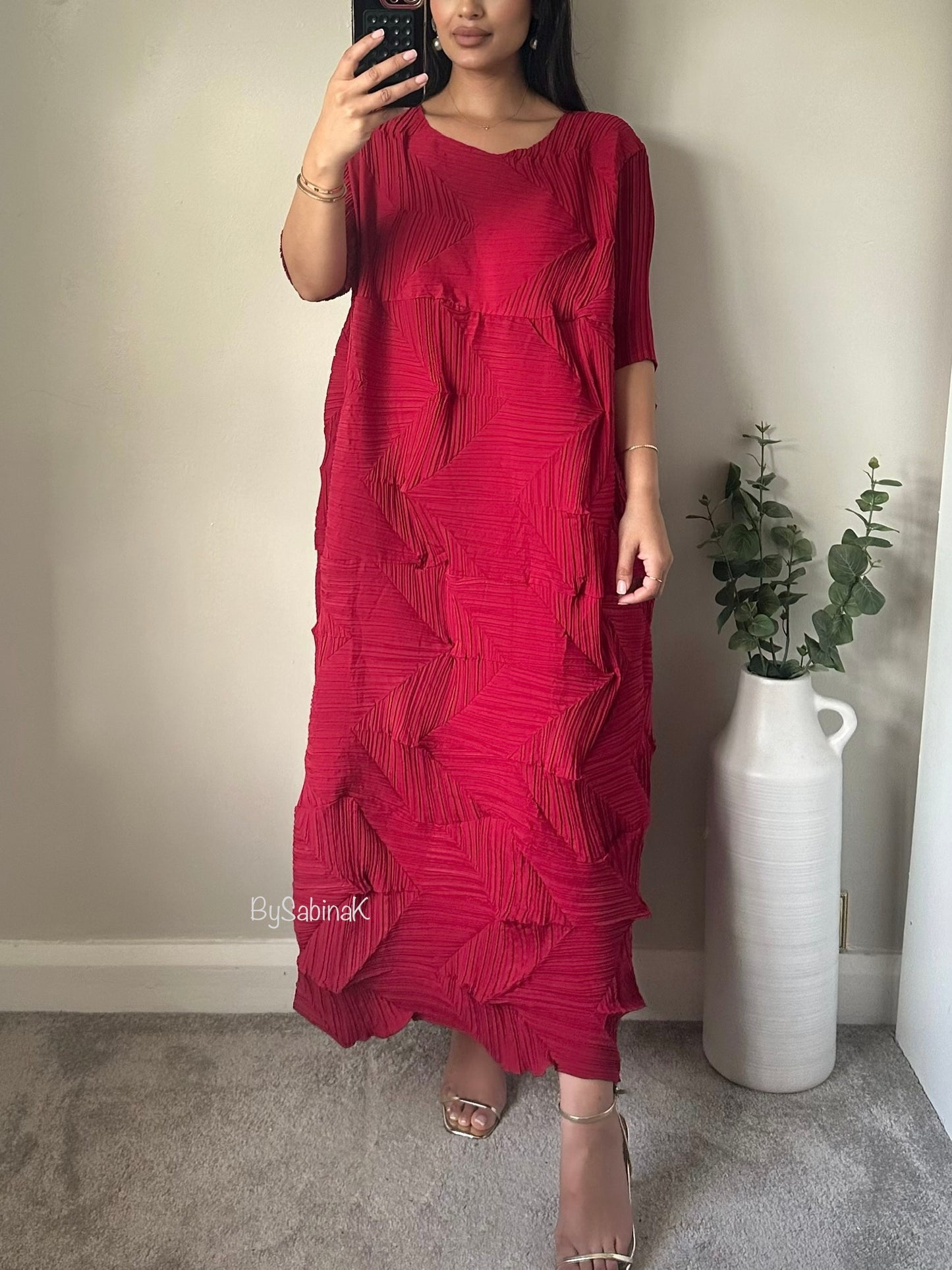 Wine Red Pleated Folds Dress