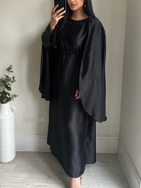 Black Satin Maxi Cape Dress