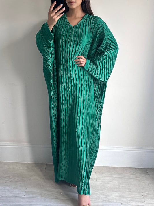 Green Satin Pleated Batwing Dress