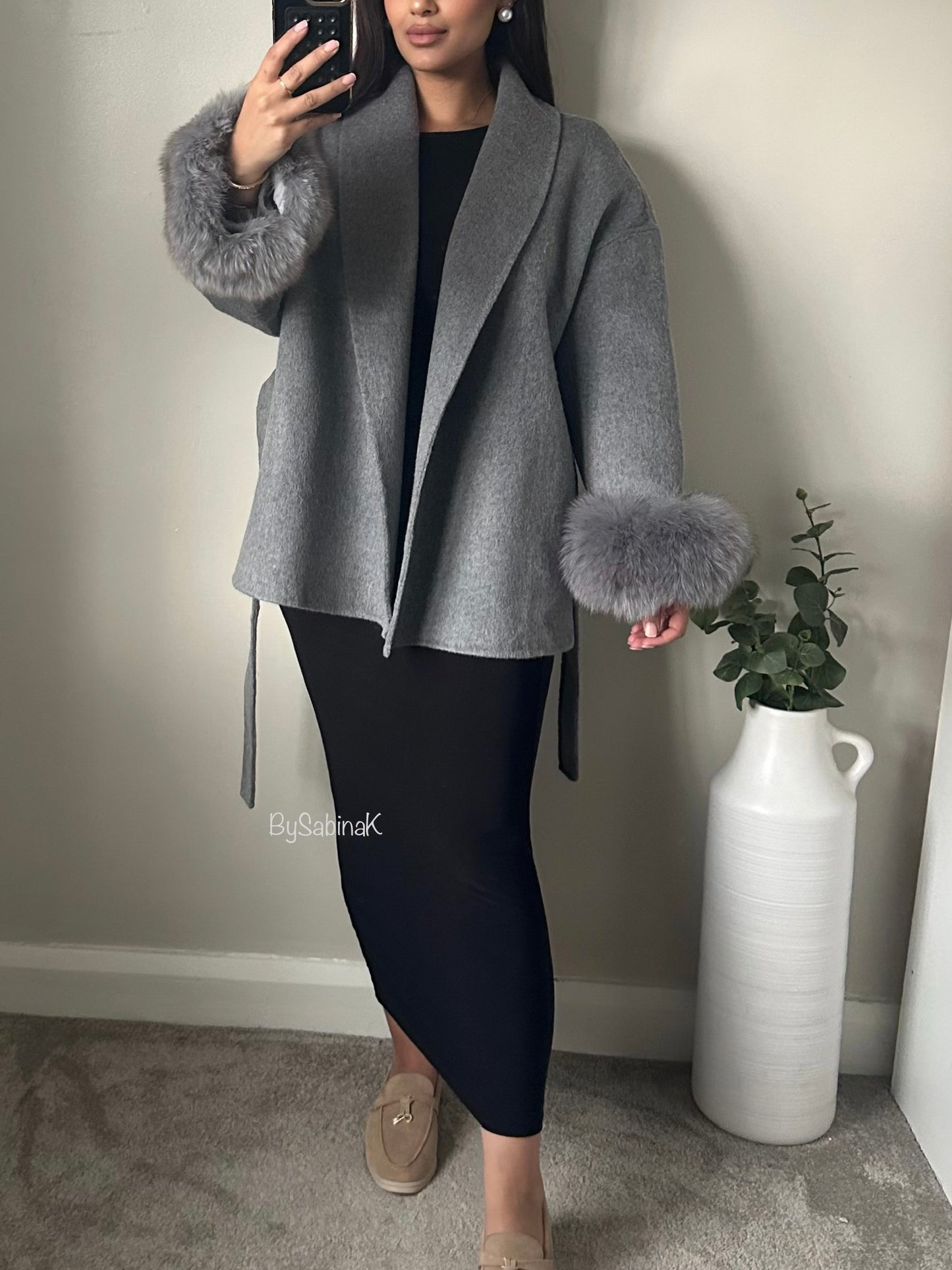 Grey 100% Wool Fur Short Coat