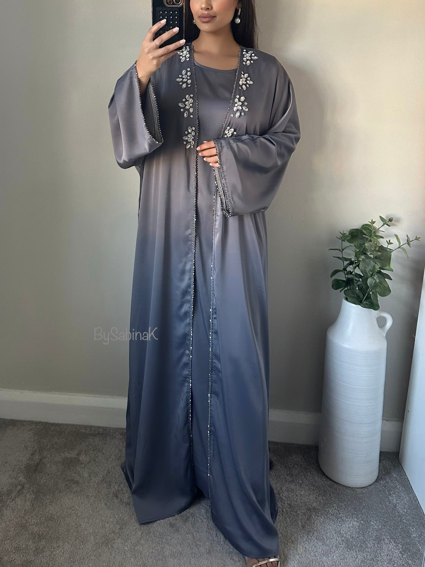 Grey Satin Rhinestone Beaded Abaya Set